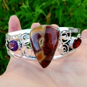New Red Jasper, Amethyst, Garnet 925 Silver Bracelet.